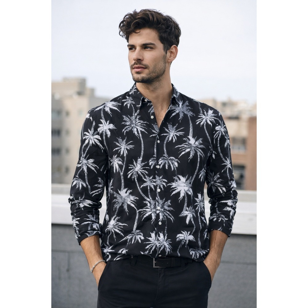 H&M Button Up Shirt Men's XL Black White Palm Print Collared Long Sleeve NEW